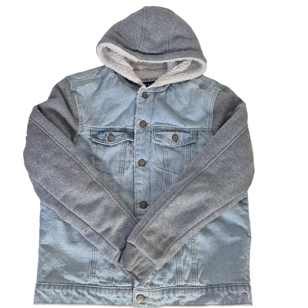 V.A.L.A. Denim Jacket Mens Medium‎ Blue Sherpa Lined Hooded Trucker Coat Gray